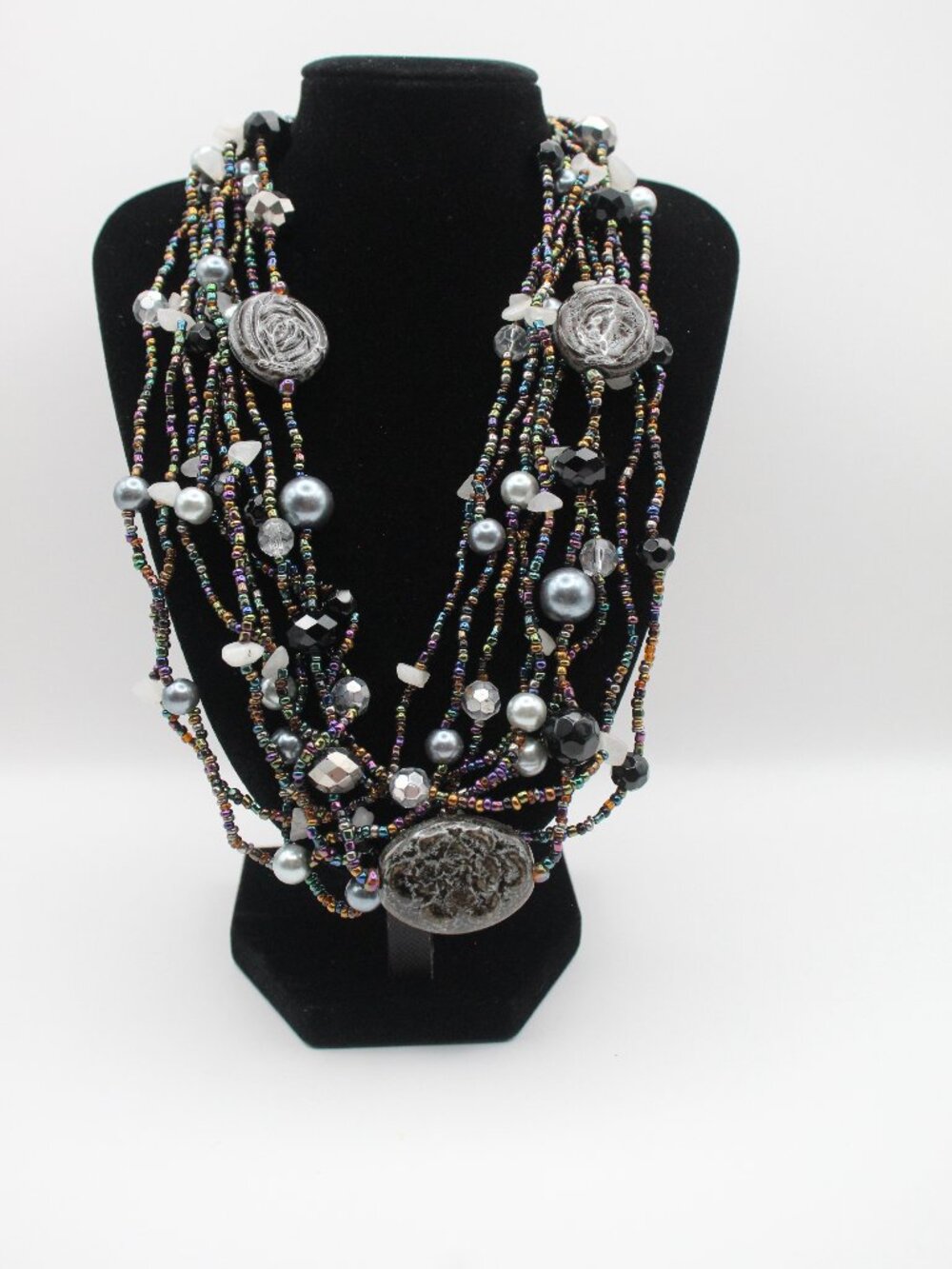 Multi Strand Beaded and Polished Stone Rosette Bib Necklace